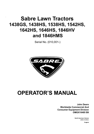 John Deere 1542HS Sabre Lawn Tractors Operator’s Manual Instant Download (pin.010001- ) (Publication No.OMGX10485)
