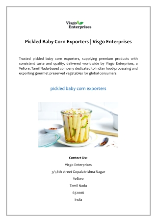 Pickled Baby Corn Exporters | Visgo Enterprises