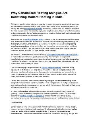 Why CertainTeed Roofing Shingles Are Redefining Modern Roofing in India