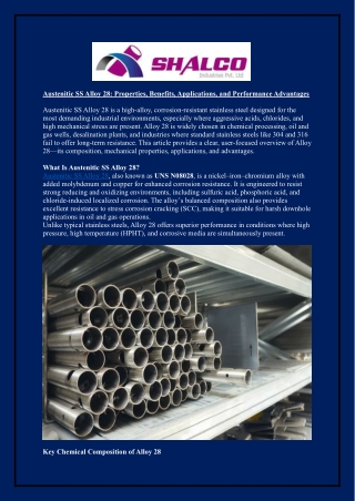 Austenitic SS Alloy 28: Properties, Benefits, Applications, and Performance