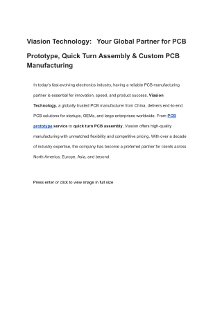 Viasion Technology Your Global Partner for PCB Prototype, Quick Turn Assembly & Custom PCB Manufacturing