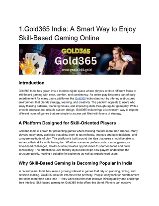Gold365 India: A Smart Way to Enjoy Skill-Based Gaming Online