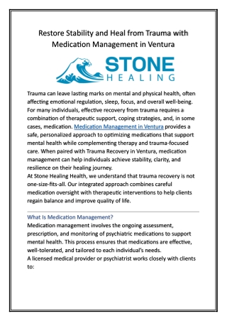 Restore Stability and Heal from Trauma with Medication Management in Ventura