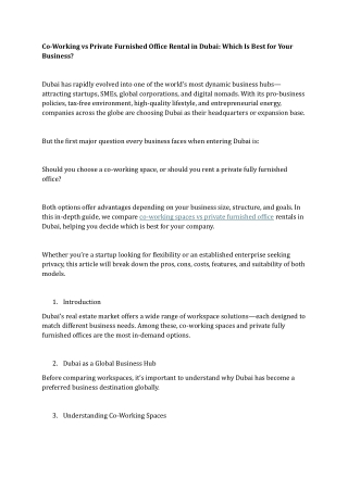 Co-Working vs Private Furnished Office Rental in Dubai Which Is Best for Your Business