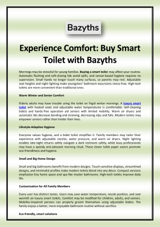 Experience Comfort: Buy Smart Toilet with Bazyths