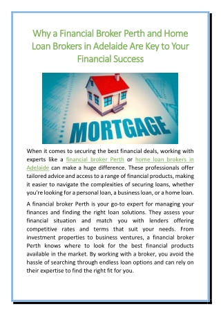Why a Financial Broker Perth and Home Loan Brokers in Adelaide Are Key to Your Financial Success
