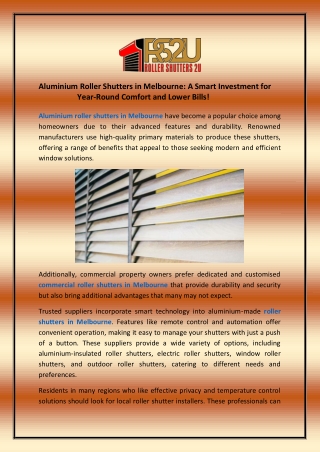 Aluminium Roller Shutters in Melbourne: A Smart Investment for Year-Round Comfor