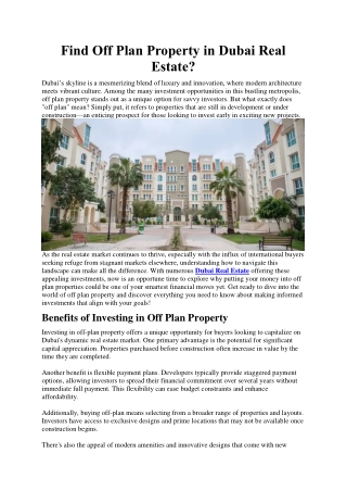 Find Off Plan Property in Dubai Real Estate