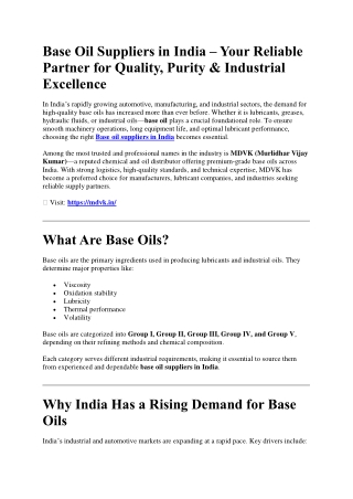 Base oil suppliers in India