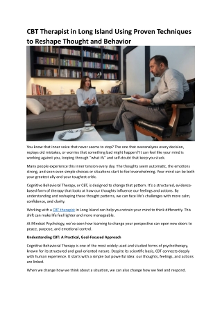 CBT Therapist in Long Island Using Proven Techniques to Reshape Thought and Behavior