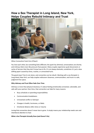 How a Sex Therapist in Long Island, New York, Helps Couples Rebuild Intimacy and Trust