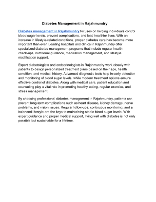 Diabetes management in Rajahmundry