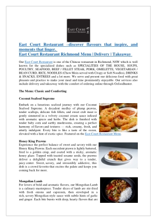 East Court Restaurant Richmond Menu | Delivery | Takeaway