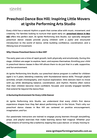 Preschool Dance Box Hill Inspiring Little Movers at Ignite Performing Arts Studio