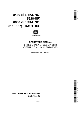 John Deere 8630 Tractors Operator’s Manual Instant Download (Pin.86308118-up) (Publication No.OMR67838)