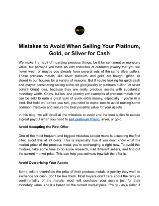 Mistakes to Avoid When Selling Your Platinum, Gold, or Silver for Cash