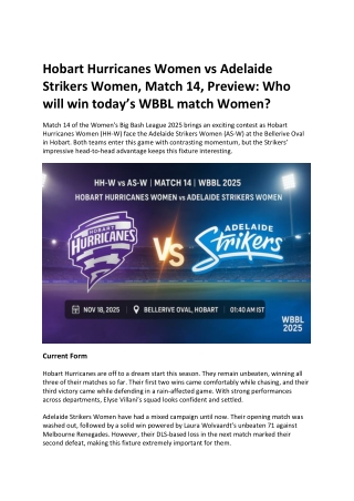 Hobart Hurricanes Women vs Adelaide Strikers Women Match 14 Preview Who will win today’s WBBL match Women