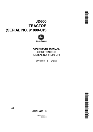 John Deere JD600 Tractors Operator’s Manual Instant Download (Pin.91000-UP) (Publication No.OMR39670)