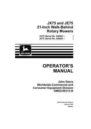 John Deere JX75 21-Inch Walk-Behind Rotary Mowers Operator’s Manual Instant Download (JX75 pin.030001- ) (Publication No
