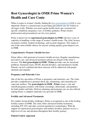 Best Gynecologist in OMR Prime Women’s Health and Care Center