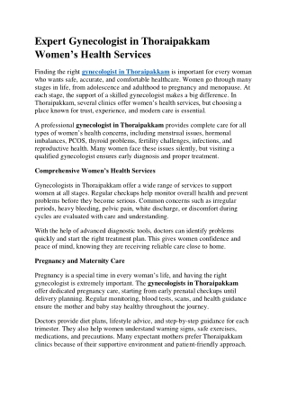 Expert Gynecologist in Thoraipakkam Women’s Health Services