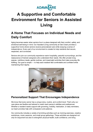 A Supportive and Comfortable Environment for Seniors in Assisted Living