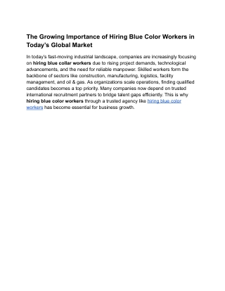 The Growing Importance of Hiring Blue Color Workers in Today’s Global Market