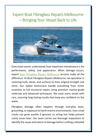 Expert Boat Fibreglass Repairs Melbourne – Bringing Your Vessel Back to Life