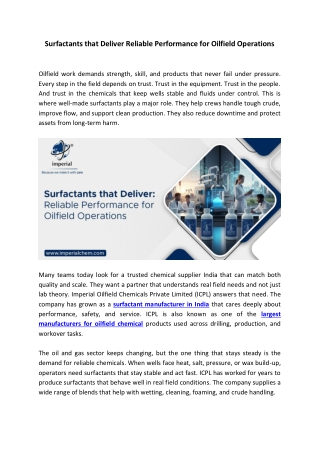 Surfactants that Deliver Reliable Performance for Oilfield Operations