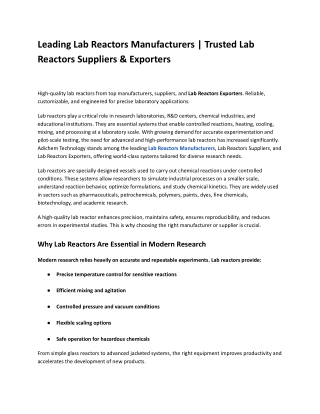 Leading Lab Reactors Manufacturers | Trusted Lab Reactors Suppliers & Exporters