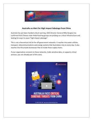 Australia on Alert for High Impact Sabotage from China