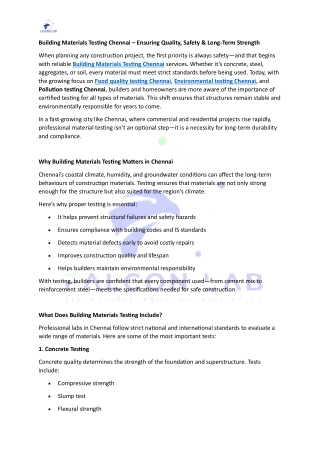 Building Materials Testing Chennai – Ensuring Quality, Safety & Long-Term Streng