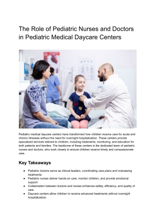 The Role of Pediatric Nurses and Doctors in Pediatric Medical Daycare Centers