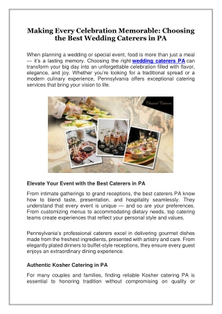 Making Every Celebration Memorable, Choosing the Best Wedding Caterers in PA
