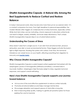 Dhathri Aswagandha Capsule_ A Natural Ally Among the Best Supplements to Reduce Cortisol and Restore Balance