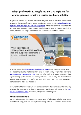 ciprofloxacin 125 mg/5 mL and 250 mg/5 mL for oral suspension