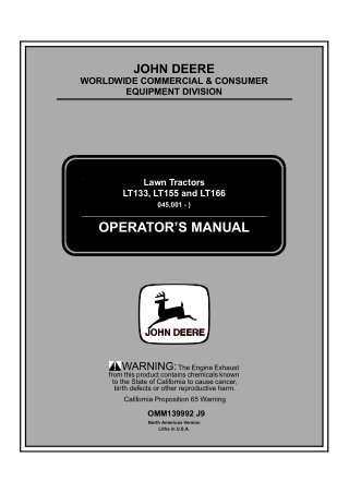 John Deere LT166 Lawn Tractors Operator’s Manual Instant Download (PIN045001-) (Publication No.OMM139992)