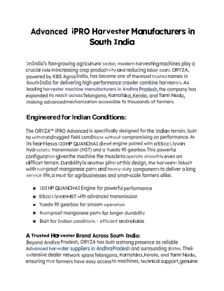 Advanced  iPRO Harvester Manufacturers in South India