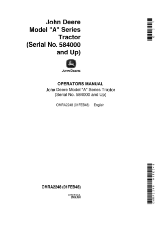 John Deere Model A Tractor Operator’s Manual Instant Download (Pin.584000 and up) (Publication No.OMRA2248)