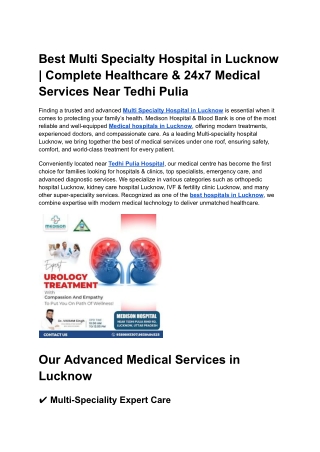 Best Multi Specialty Hospital in Lucknow _ Complete Healthcare & 24x7 Medical Services Near Tedhi Pulia