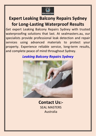 Expert Leaking Balcony Repairs Sydney for Long-Lasting Waterproof Results