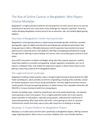 The Rise of Online Casinos in Bangladesh: Why Players Choose Mostplay