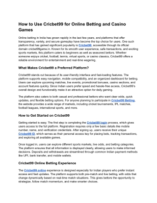How to Use Cricbet99 for Online Betting and Casino Games