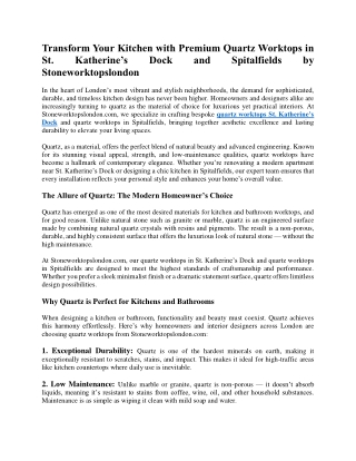 Transform Your Kitchen with Premium Quartz Worktops in St. Katherine’s Dock