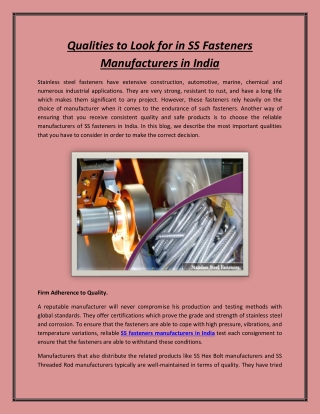 Qualities to Look for in SS Fasteners Manufacturers in India