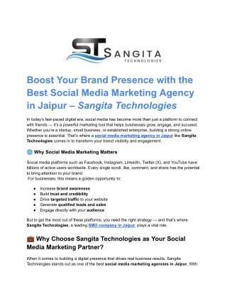 Boost Your Brand Presence with the Best Social Media Marketing Agency in Jaipur – Sangita Technologies