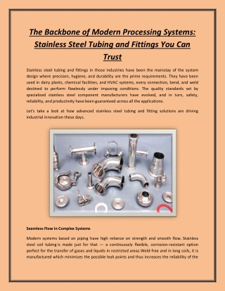 The Backbone of Modern Processing Systems: Stainless Steel Tubing and Fittings Y