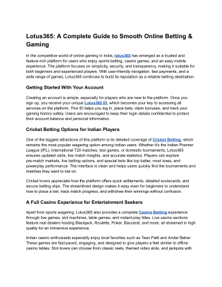 Lotus365: A Complete Guide to Smooth Online Betting & Gaming