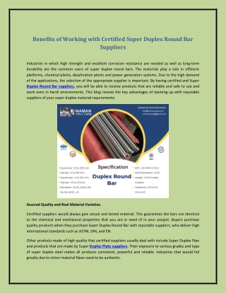 Benefits of Working with Certified Super Duplex Round Bar Suppliers
