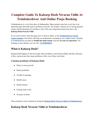 Complete Guide To Kalsarp Dosh Nivaran Vidhi At Trimbakeshwar And Online Pooja Booking